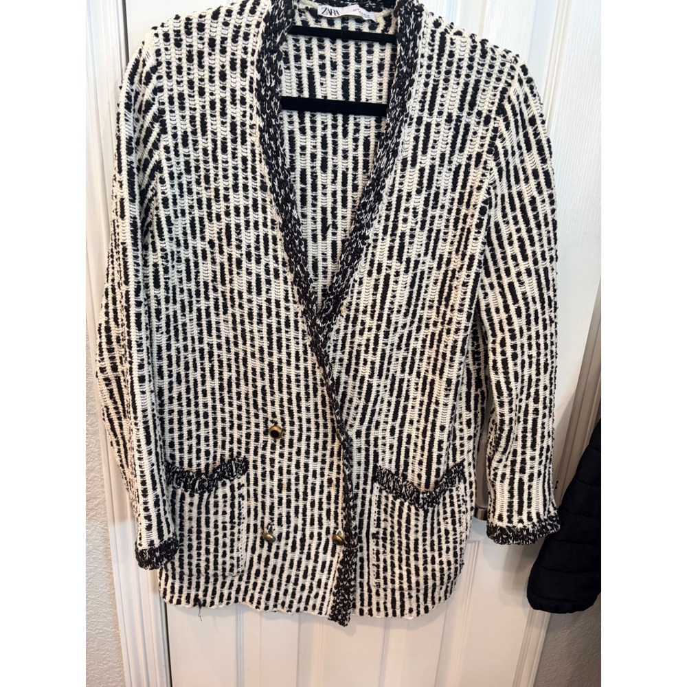 Zara Cardigan Black White Double Breasted Knit Gold Button Sweater Jacket Small